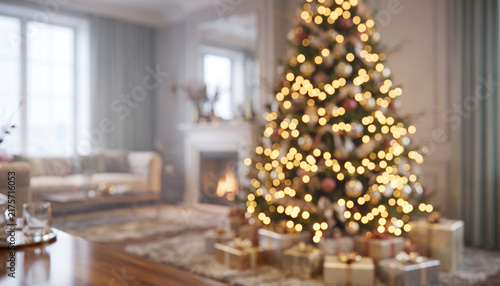 Obraz na plátně A beautifully decorated Christmas tree adorned with glowing lights and surrounded by wrapped presents in a cozy living room setting