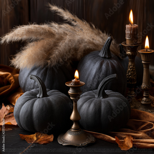 Elegant Halloween Decor with Black Pumpkins and Candles