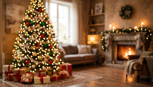 Foto A cozy living room decorated for Christmas, featuring a beautifully lit tree surrounded by presents, a glowing fireplace, and festive accents