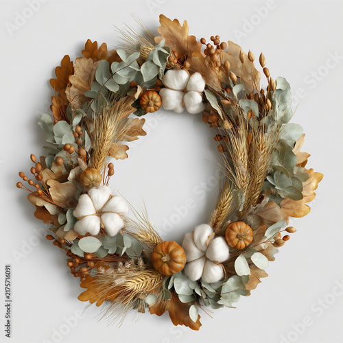 Decorative autumn wreath with cotton and dried foliage for seasonal decor