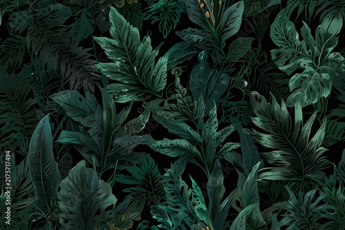 Luxury Green Nature Background With Tropical Floral Line Art Botanical Vector Pattern Illustration