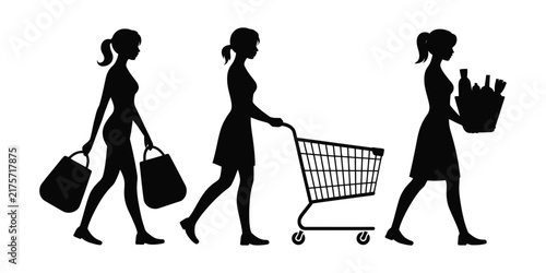 Silhouettes of women shopping with bags and a cart