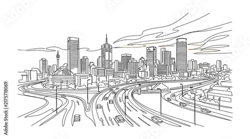 Black and white line art of a modern city skyline