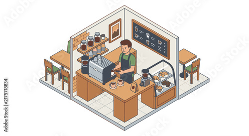 Barista preparing coffee in a cozy isometric cafe setting.
