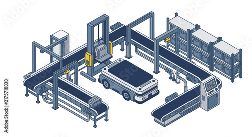 Automated Warehouse Conveyor System with Robotic AGV.