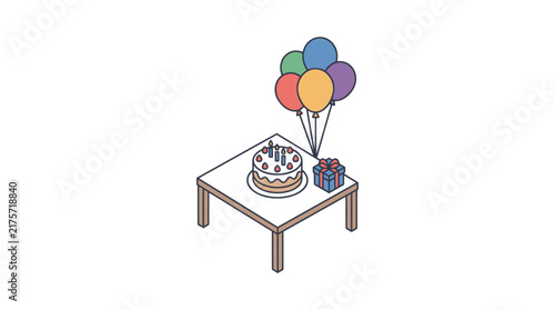 Birthday celebration setup with cake, gift, and balloons on a table.