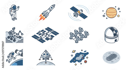 Collection of space exploration and astronomy themed icons.