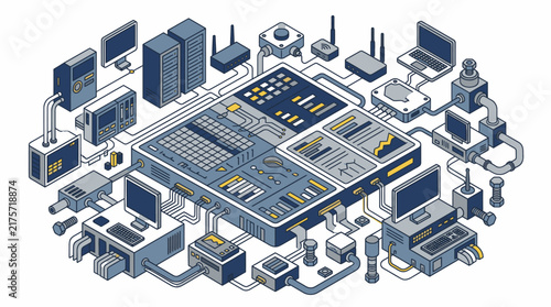 Complex Network of Computer Systems and Devices Illustration.