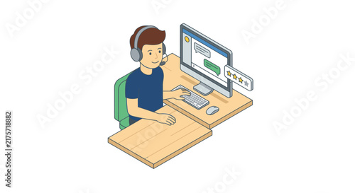 Customer service representative working at computer with headset.
