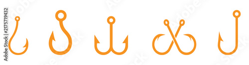 Set of five fishing hooks in orange vector icon style on a white background for graphic design