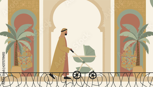 Traditional Arabian father pushing a modern baby stroller on a beautiful balcony overlooking exotic palm trees.