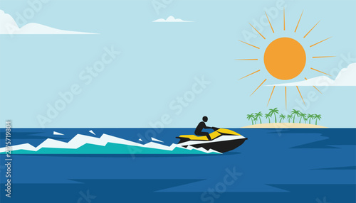 Active traveler riding a fast jet ski on the blue ocean waves under a bright sun with a tropical island background.