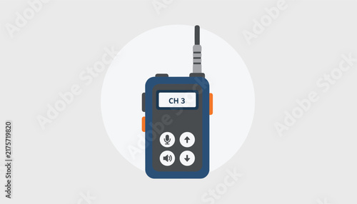 Blue handheld walkie talkie radio transmitter with an antenna and buttons displayed against a clean round backdrop.