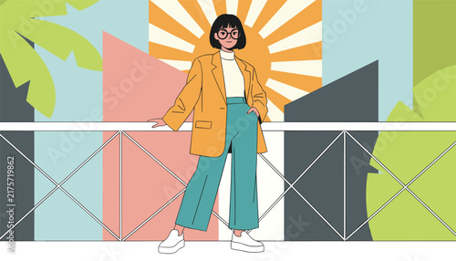 Stylish young woman wearing glasses and a yellow blazer posing elegantly against a bright sunburst and urban backdrop.