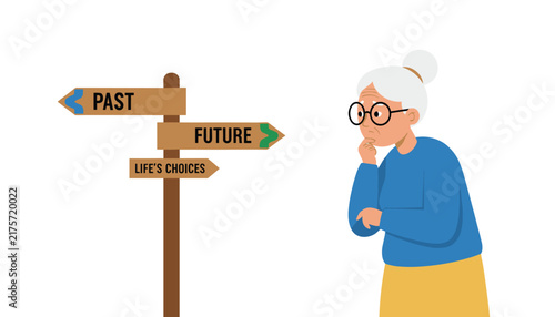 Thoughtful elderly woman looking at a wooden signpost with directions for past, future, and lifes choices.