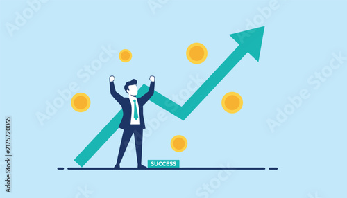 Successful businessman celebrating in front of a rising green growth arrow and floating gold coins of success.