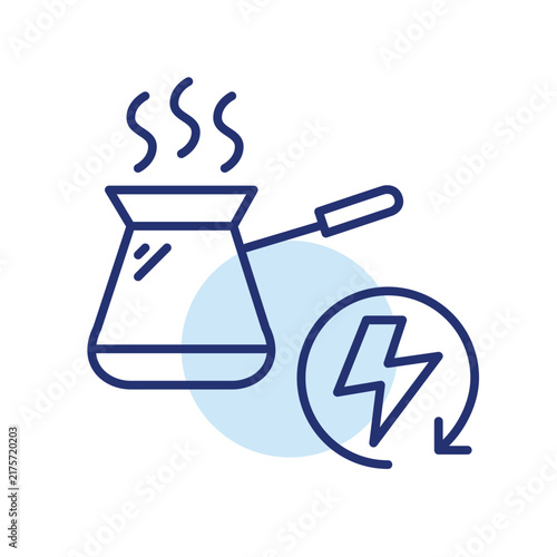 Instant energy boost, rapid beverage delivery, dynamic cafe experience. Coffee cezve and lightning bolt in renew arrow. Pixel perfect, editable stroke vector icon