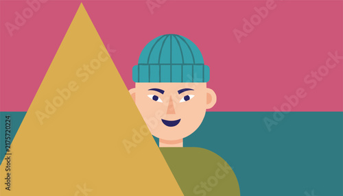 Creative illustration of a smiling person wearing a turquoise beanie peeking from behind a large golden triangle.