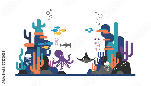Colorful undersea world filled with diverse marine life including coral reefs, fish, jellyfish, stingray, and an octopus.