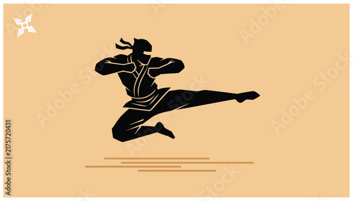 Dynamic black silhouette of a ninja executing a high jump kick in mid-air against a warm peach-colored background.