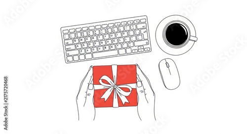 Hands holding a red gift box with ribbon, next to a computer keyboard, mouse, and coffee cup on white background. Top view.