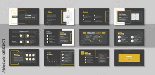 Business plan presentation design layout and contemporary pitch deck template for digital brand guidelines, corporate report, company portfolio and modern promotional marketing banner set