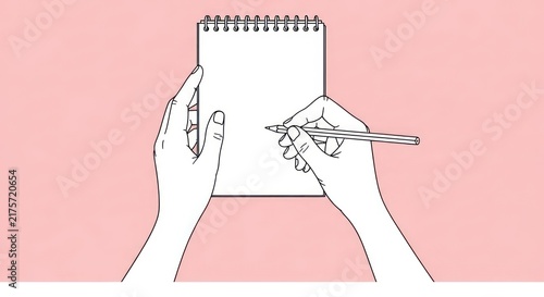 Hands Writing Notes on Blank Notepad with Pencil, Top View, Pink Background, Creative Process