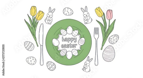 Happy Easter Table Setting with Tulips, Rabbits, and Decorated Eggs - Hand-Drawn Sketch Style