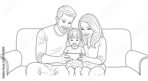 Happy family of three sitting on a couch, looking at a smartphone together, illustration