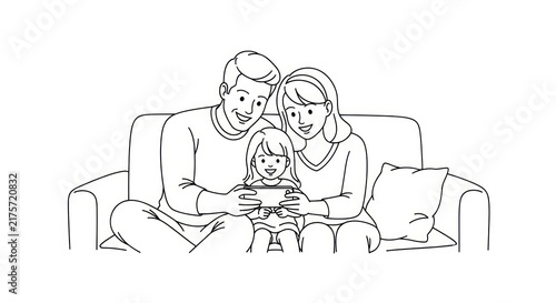 Happy Family Watching Movie on Smartphone Together on Sofa, Parents and Child Enjoying Screen Time