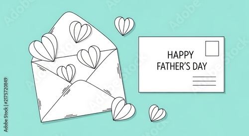Happy Father's Day Card with Envelope and Hearts - Hand-Drawn Illustration