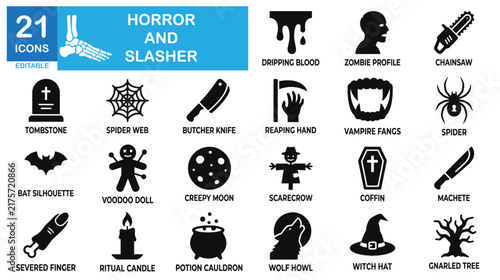 Horror and slasher icon set. Scary killer mask, bloody weapon, thriller vectors.