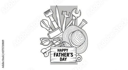 Happy Father's Day Greeting Card with Tools, Hat, and Glasses - Hand-drawn Illustration