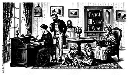 Bild auf Leinwand 19th Century Family Domestic Scene Antique Engraving Vector Illustration
