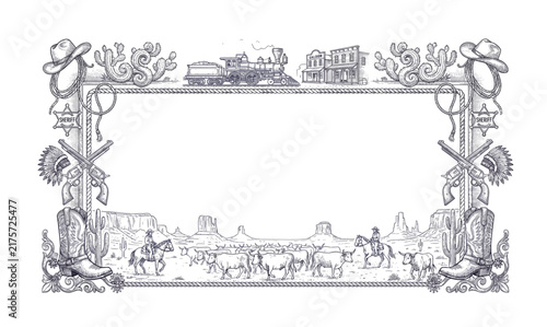 Vintage Wild West cowboy frame with steam train, frontier town, ranch cattle, desert landscape, sheriff badges, boots, and revolvers