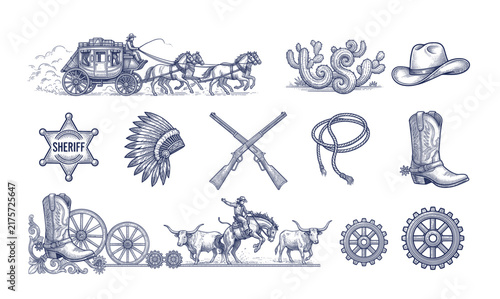 Western Cowboy Collection Featuring Stagecoach, Cactus, Hat, Sheriff Badge, Feather Headdress, Rifles, Rope, Boots, Spurs, Longhorns, Wagon Wheels