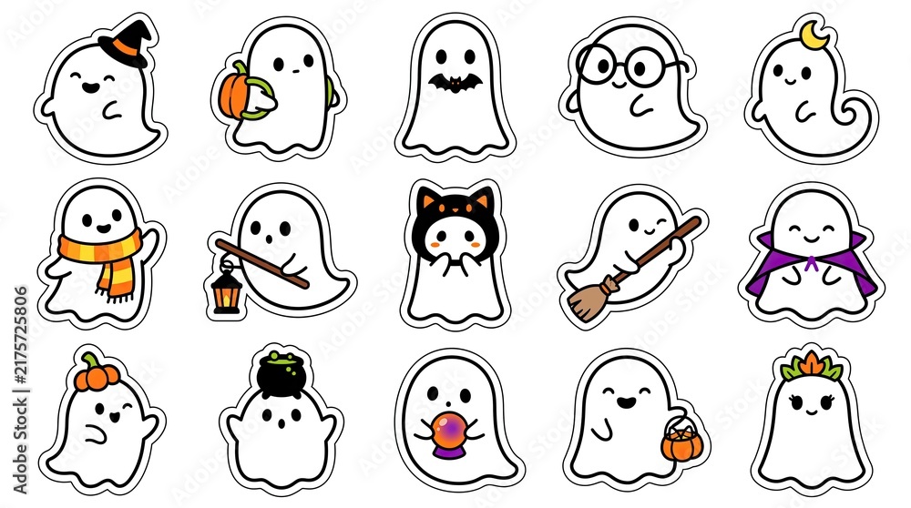 Fototapeta premium Set of cute hand drawn ghost stickers for halloween celebration featuring various funny characters and festive accessories