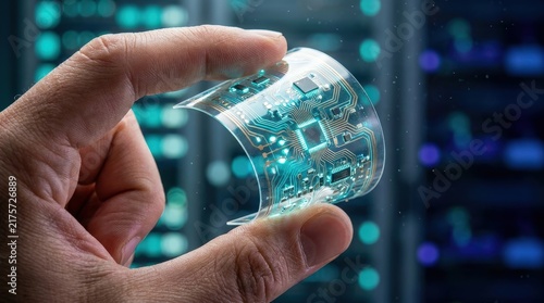Hand holding flexible transparent microchip with glowing circuits in data center