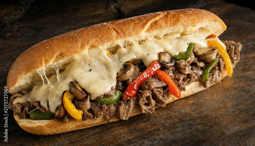 Long sandwich with sliced beef, melted cheese, saut?ed mushrooms, and colorful bell peppers on a dark rustic wooden table, close-up view