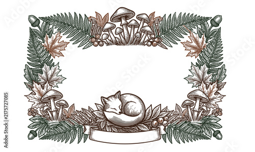 Vintage Autumn Woodland Frame with Fox, Mushrooms, Ferns, Maple Leaves, Berries and Acorns, Botanical Nature Border with Blank Ribbon Banner