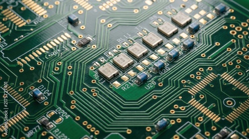 Close up view of green printed circuit board with electronic components