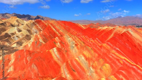 Drone footage of Zhangye Qicai Danxia, spectacular multicolored eroded mountain landscape of northwest China