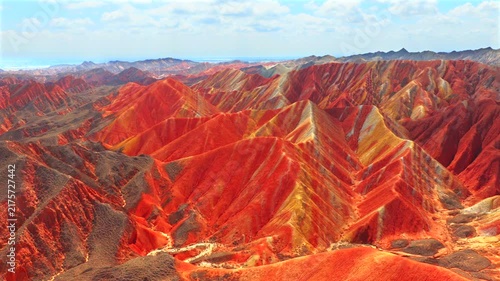 Aerial drone view of Zhangye Rainbow Mountains, vibrant multicolored Danxia landform in Gansu China
Drone shot of spectacular layered rainbow mountains, Zhangye Colorful Danxia geopark landscape