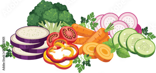Fresh Sliced Vegetables Composition Vector with Broccoli Eggplant Tomato Carrot Bell Pepper Radish Cucumber and Herbs for Healthy Food Design (20 words)