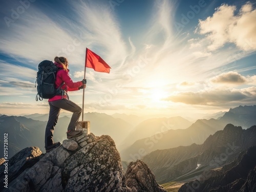 Pixel art character planting red flag on mountain top