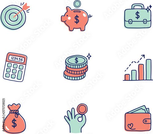Financial Business and Money Icon Set in Doodle Style Featuring Piggy Bank Calculator Wallet Growth Chart and Investment Symbols (19 words)