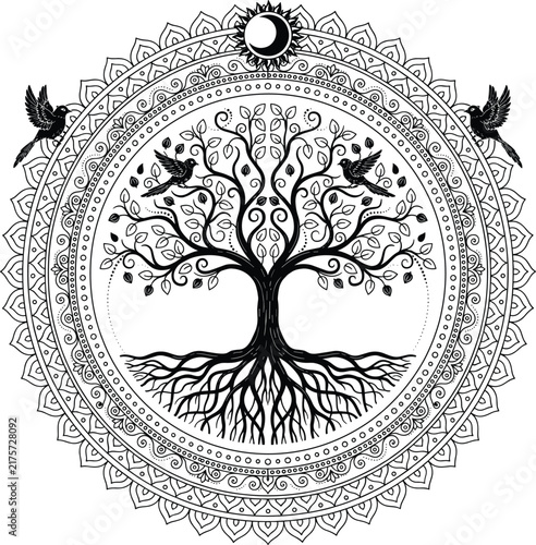 Sacred Geometry Tree of Life Mandala with Deep Roots Birds and Crescent Moon for Esoteric Spiritual and Henna Tattoo Designs