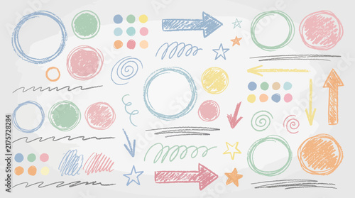 Hand Drawn Crayon Doodle Element Set with Arrows Circles and Stars