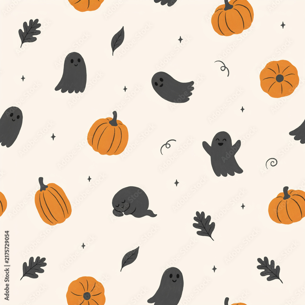 Fototapeta premium Seamless gentle Halloween pattern with ghosts and pumpkins