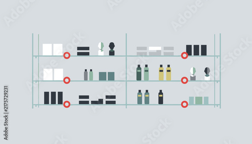 Organized display of beauty cosmetics and skin care products on glass shelves, featuring highlighted tags for customer selection.